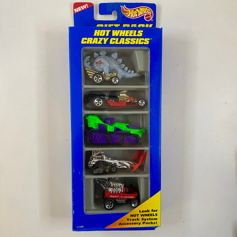 1997 Hot Wheels HW Crazy Classics 5 Pack Set de 5 - Speed-A-Saurus, Rigor Motor, Treadator, Big Chill, Radio Flyer Wagon - Detalle Caja