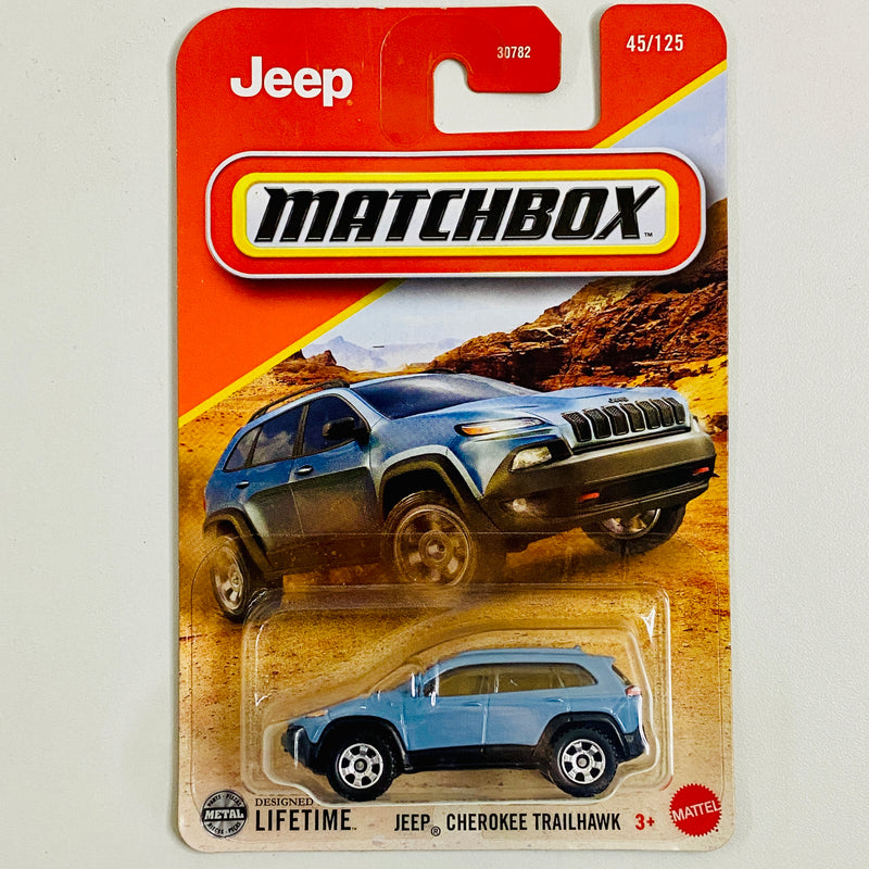 2025 Matchbox Jeep Cherokee Trailhawk celeste metálico