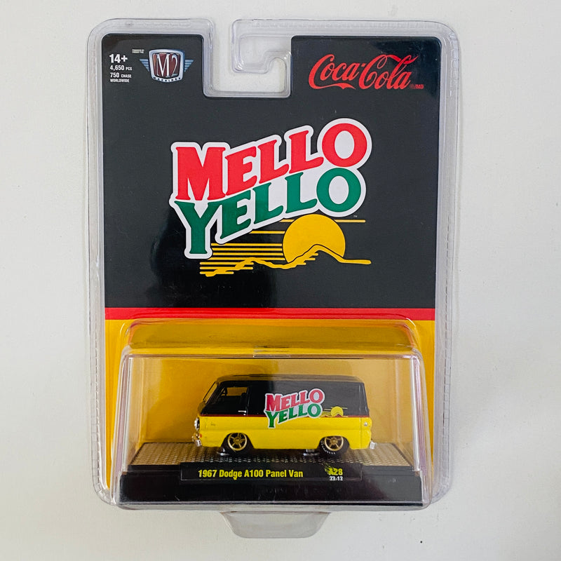 2023 M2 Machines Coca Cola Coke Mello Yello Limited Edition 1/4,650 1967 Dodge A100 Panel Van A28 amarillo con negro Llantas de Goma - Detalle Burbuja