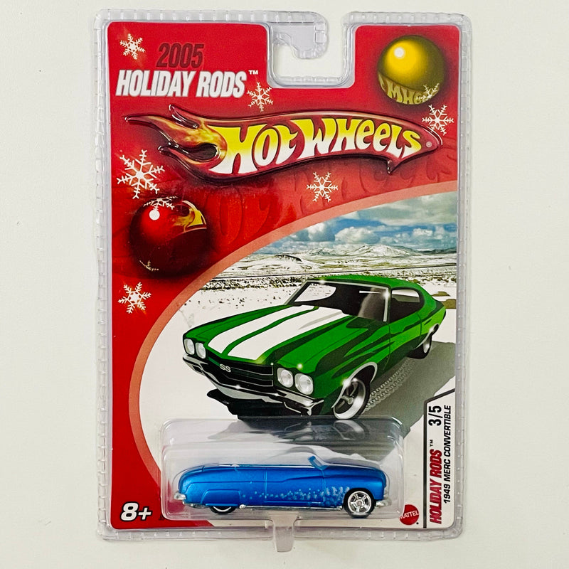 2005 Hot Wheels Holiday Rods 1949 Merc Convertible azul metálico Llantas de Goma RR base ZAMAC