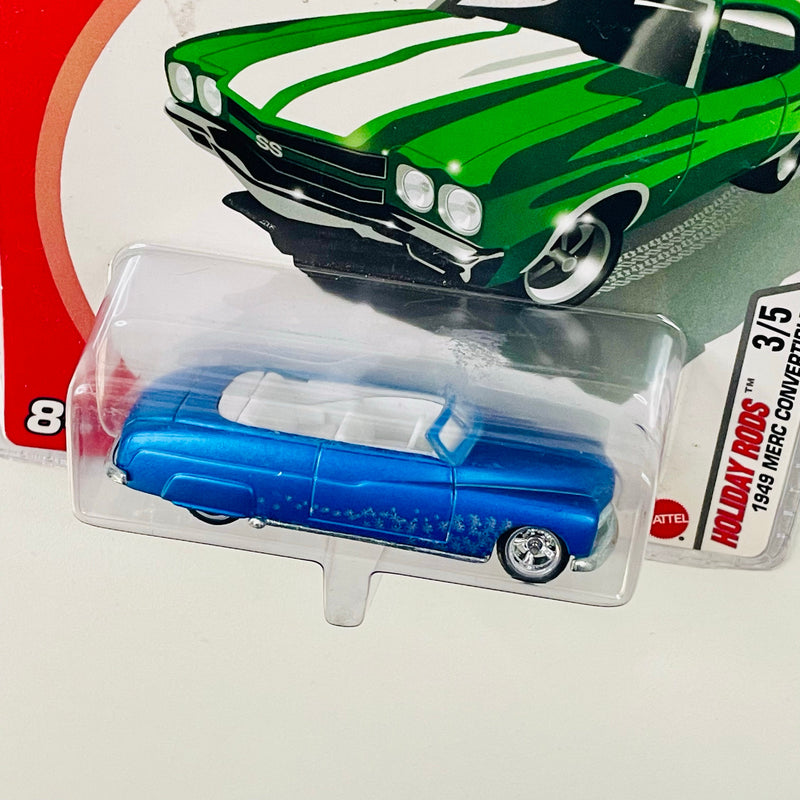 2005 Hot Wheels Holiday Rods 1949 Merc Convertible azul metálico Llantas de Goma RR base ZAMAC