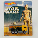 2016 Hot Wheels Premium Pop Culture Star Wars C-3PO Tatooine Scene Hiway Hauler amarillo Llantas de Goma RR base ZAMAC - Detalle Burbuja
