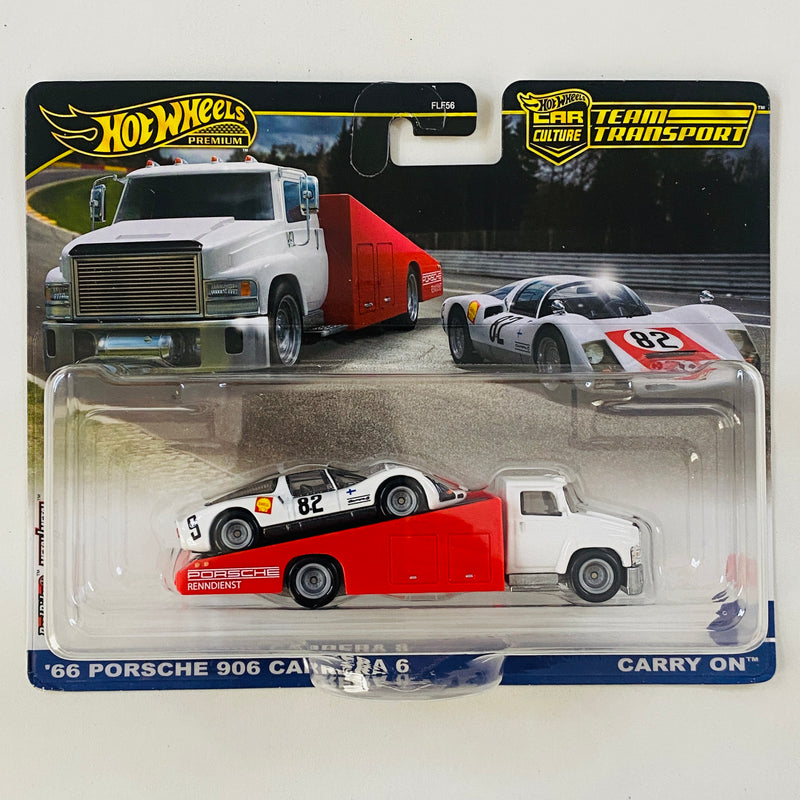 2024 Hot Wheels Premium Car Culture Team Transport 66 Porsche 906 Carrera 6 y camión Carry On con Llantas de Goma RR