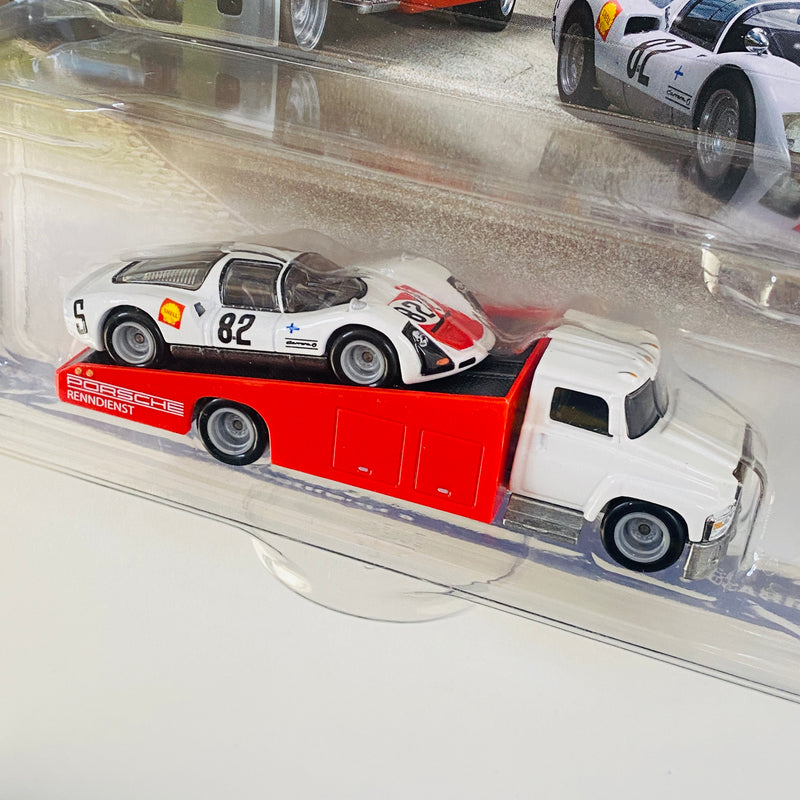 2024 Hot Wheels Premium Car Culture Team Transport 66 Porsche 906 Carrera 6 y camión Carry On con Llantas de Goma RR