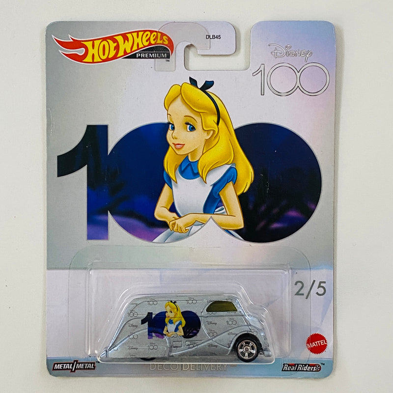 2023 Hot Wheels Premium Pop Culture Disney 100 Aniversario Alicia en el País de las Maravillas Deco Delivery celeste Llantas de Goma RR base ZAMAC