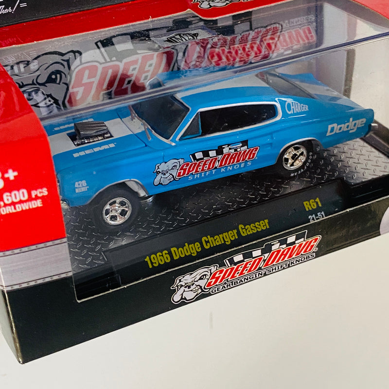 2021 M2 Machines Detroit Muscle Limited Edition 1/9,600 Speed Dawg 1966 Dodge Charger Gasser R61 celeste Llantas de Goma