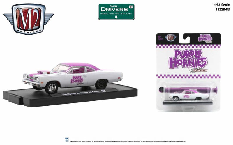 2022 M2 Machines Auto-Drivers Limited Edition 1/9.600 Purple Hornies 1969 Plymouth Road Runner 440 6 Pack R83 blanco con morado Llantas de Goma