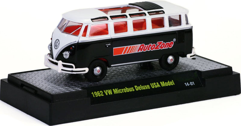 2014 M2 Machines M2 Machines AutoZone Limited Edition 1962 VW Volkswagen Microbus Deluxe USA Model negro con blanco Llantas de Goma - Loose con Caja Acrílica