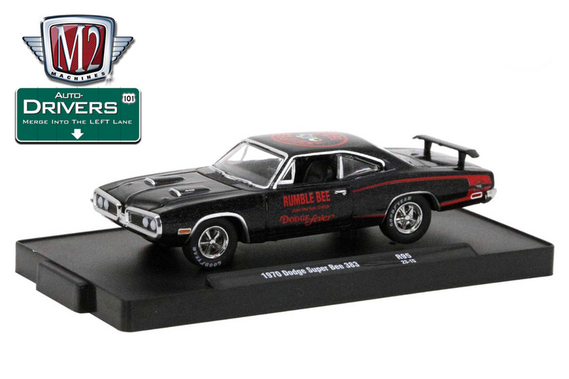 2023 M2 Machines Auto-Drivers Limited Edition 1/9,600 1970 Dodge Super Bee 383 R95 negro con rojo Llantas de Goma