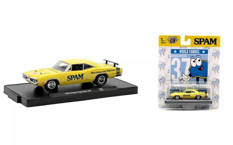 2022 M2 Machines Auto-Drivers Limited Edition 1/9,600 SPAM 1970 Dodge Super Bee 440 R89 amarillo Llantas de Goma