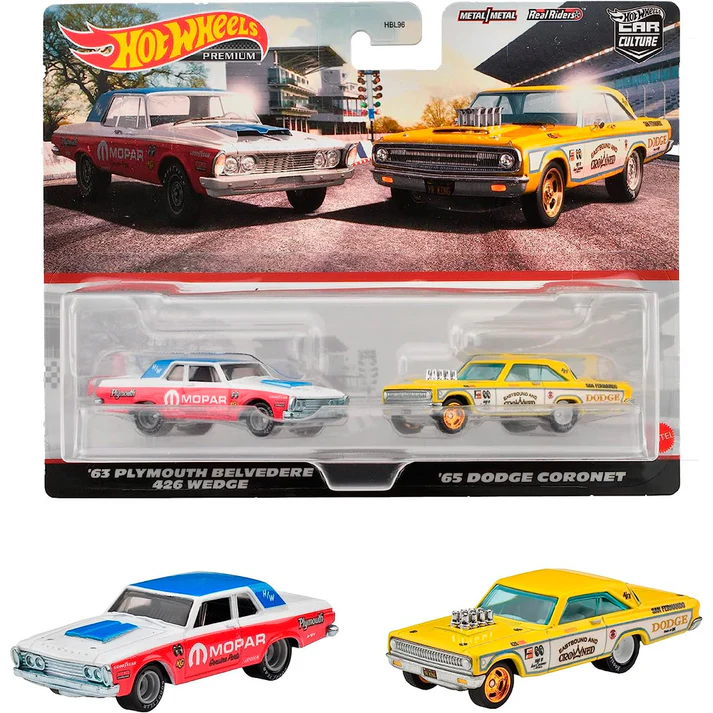 2023 Hot Wheels Premium Car Culture Classic Muscle 2 Pack Set de 2 - 63 Plymouth Belvedere 426 Wedge y 65 Dodge Coronet con Llantas de Goma RR