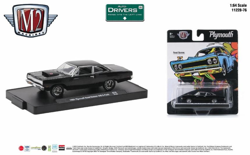 2021 M2 Machines Auto-Drivers Limited Edition 1/8,480 1969 Plymouth Road Runner 440 6 Pack R76 negro Llantas de Goma