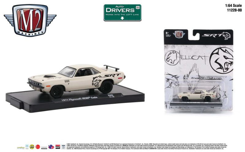 2021 M2 Machines Auto-Drivers Limited Edition 1/9,600 SRT Hellcat 1971 Plymouth HEMI Cuda R80 blanco Llantas de Goma