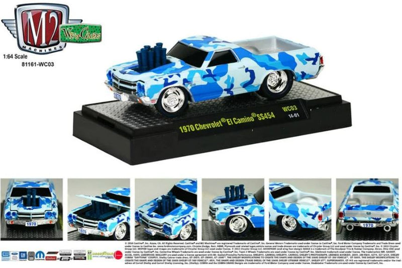 2014 M2 Machines Wild Cards Limited Edition 1970 Chevrolet El Camino SS 454 WC03 azul camuflado Llantas de Goma