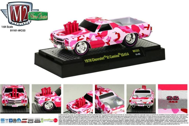 2014 M2 Machines Wild Cards Limited Edition 1970 Chevrolet El Camino SS 454 WC03 rosado camuflado Llantas de Goma