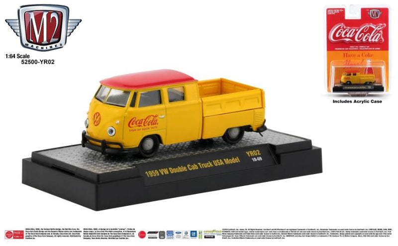 2018 M2 Machines Coca Cola Coke Limited Edition 1/9,600 Volkswagen 1959 VW Double Cab Truck USA Model YR02 amarillo Llantas de Goma