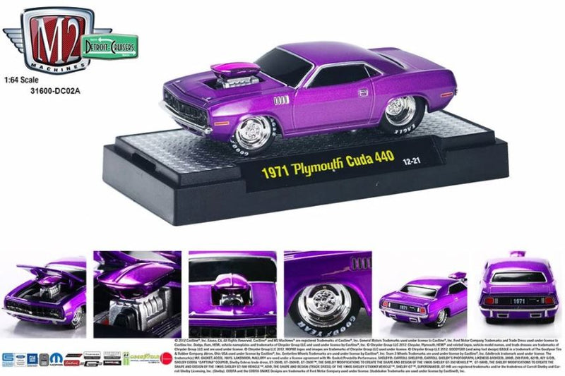 2012 M2 Machines Ground Pounders Limited Edition 1971 Plymouth Cuda 440 morado metálico Llantas de Goma