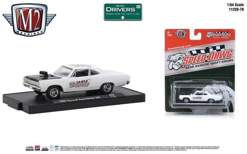 2021 M2 Machines Auto-Drivers Limited Edition 1/9,600 Speed Dawg 1969 Plymouth Road Runner 440 R79 blanco Llantas de Goma