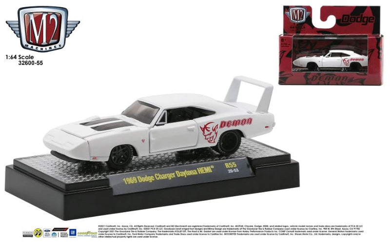 2020 M2 Machines Detroit Muscle Limited Edition 1/8,250 1969 Dodge Charger Daytona HEMI R55 blanco Llantas de Goma