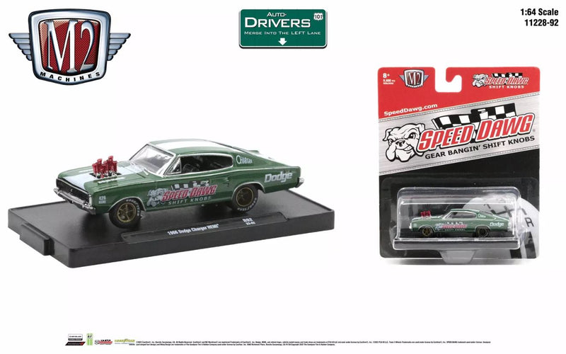 2023 M2 Machines Auto-Drivers Limited Edition 1/9,600 Speed Dawg 1966 Dodge Charger HEMI R92 verde Llantas de Goma