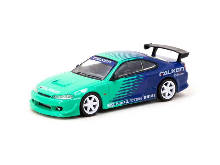 2024 Tarmac Works MiJo Exclusives 1:64 Limited Edition Global64 VERTEX Nissan Silvia (S15) FALKEN verde con azul Llantas de Goma