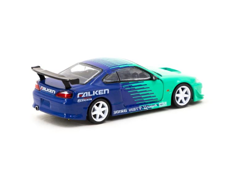 2024 Tarmac Works MiJo Exclusives 1:64 Limited Edition Global64 VERTEX Nissan Silvia (S15) FALKEN verde con azul Llantas de Goma