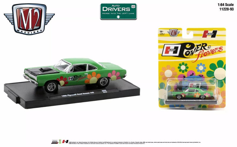 2023 M2 Machines Auto-Drivers Limited Edition 1/9,600 Hurst Power Flowers 1969 Plymouth Road Runner 440 R93 verde con flores Llantas de Goma