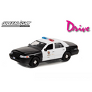2022 Greenlight Hollywood Drive El Escape 2001 Ford Crown Victoria Police Interceptor negro con blanco Llantas de Goma