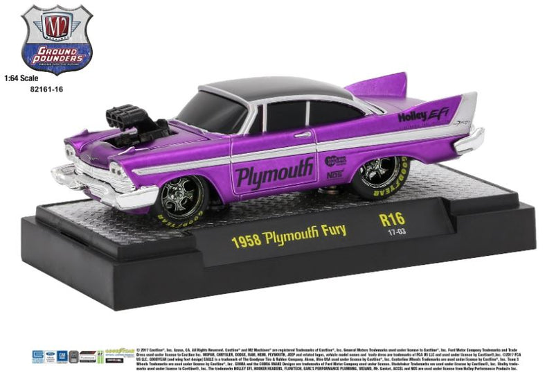 2017 M2 Machines Ground Pounders Limited Edition 1/2,888 1958 Plymouth Fury R16 morado metálico Llantas de Goma