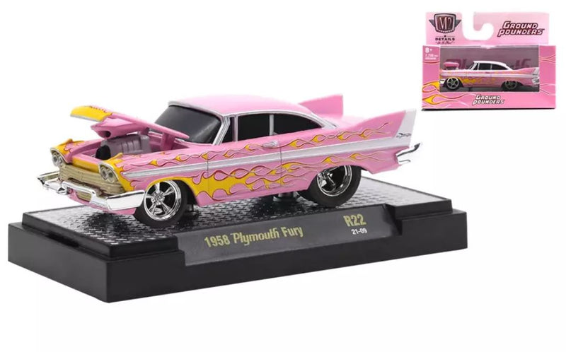 2021 M2 Machines Ground Pounders Limited Edition 1/7,750 1958 Plymouth Fury R22 rosado con flamas Llantas de Goma