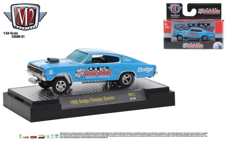 2021 M2 Machines Detroit Muscle Limited Edition 1/9,600 Speed Dawg 1966 Dodge Charger Gasser R61 celeste Llantas de Goma