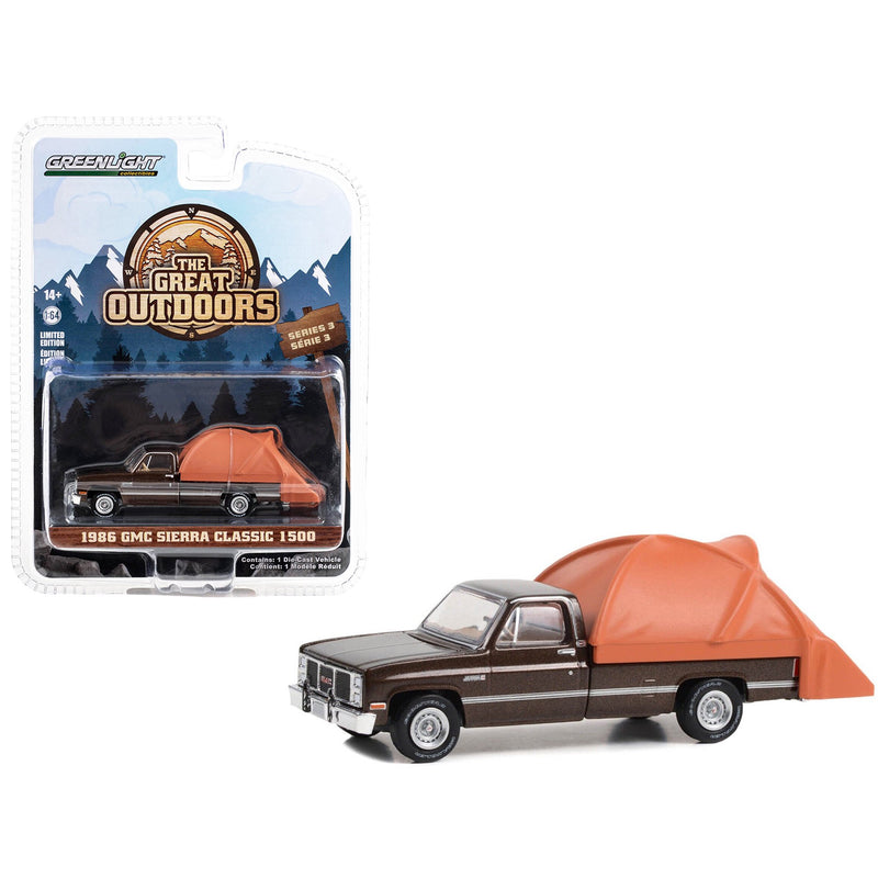 2023 Greenlight Limited Edition The Great Outdoors Series 3 1986 GMC Sierra Classic 1500 marrón Llantas de Goma con Accesorios de Camping