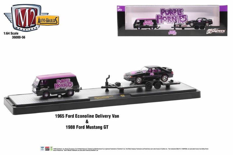 2022 M2 Machines Auto-Haulers Limited Edition 1/8,400 Purple Hornies Flowtech 1965 Ford Econoline Truck y 1988 Ford Mustang GT R56 22-15 con Llantas de Goma