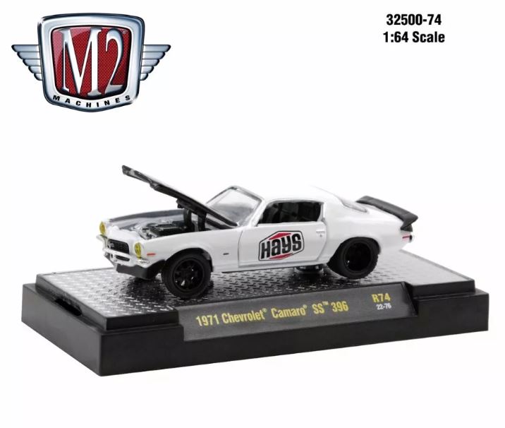 2022 M2 Machines Auto-Thentics Limited Edition 1/9,600 Hays 1971 Chevrolet Camaro SS 396 R74 blanco Llantas de Goma