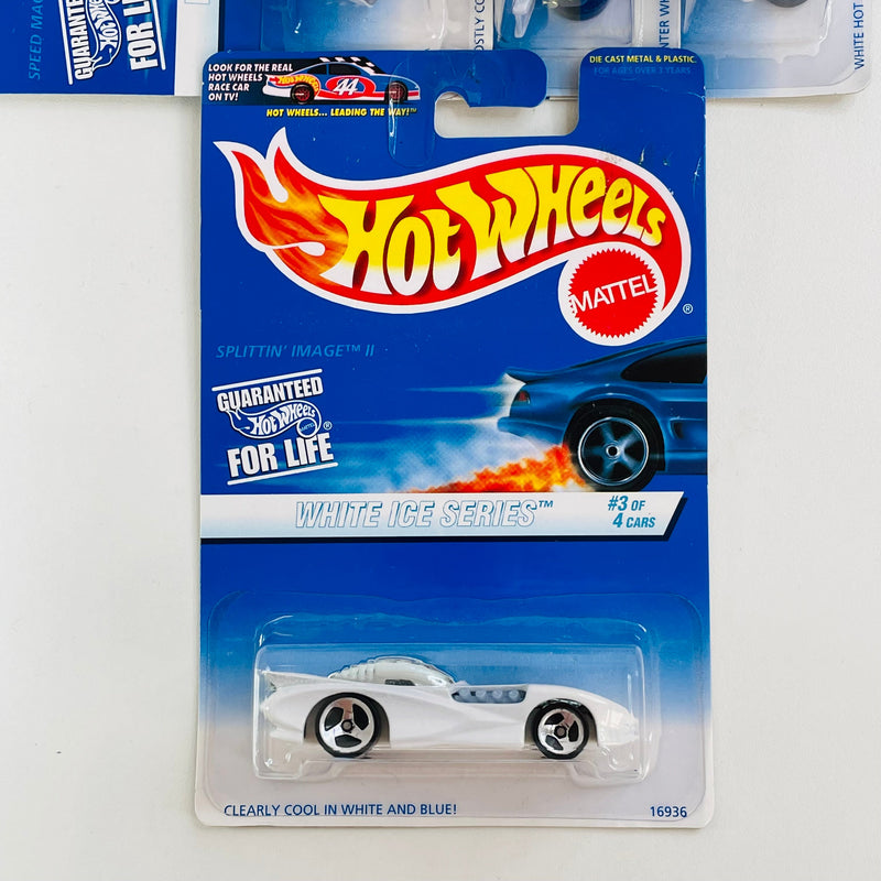 1997 Hot Wheels White Ice Series Colección Set de 4 - Speed Machine Mantis, Shadow Jet, Splittin Image II, Twin Mill II