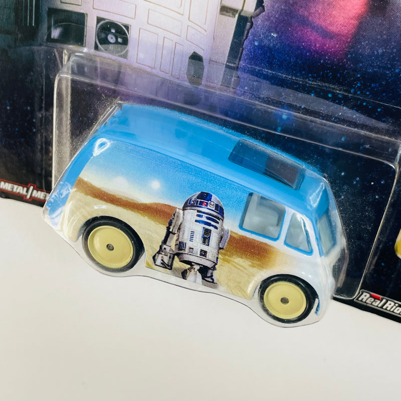 2015 Hot Wheels Premium Pop Culture Star Wars R2D2 Quick D-Livery blanco Llantas de Goma RR base ZAMAC