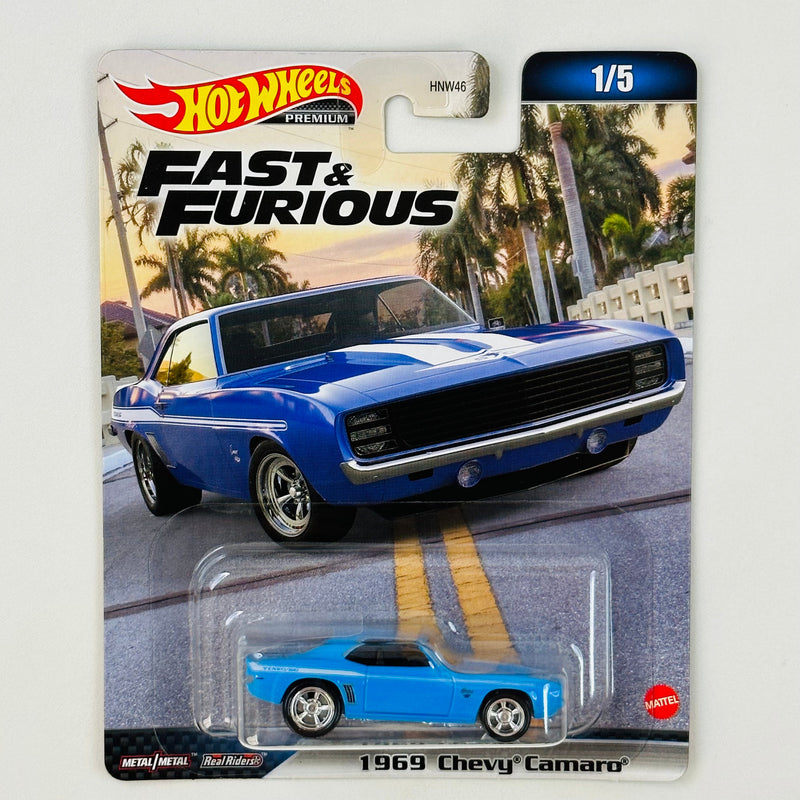 2023 Hot Wheels Premium Fast & Furious Rápidos y Furiosos 1969 Chevy Camaro azul Llantas de Goma RR base ZAMAC