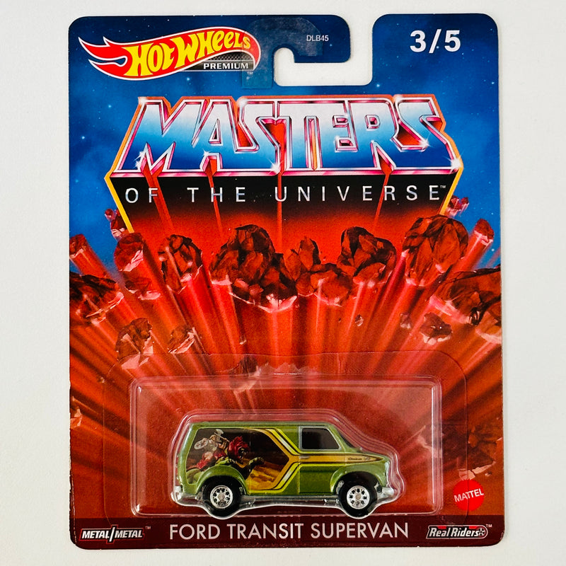 2022 Hot Wheels Premium Pop Culture Masters of the Universe He-Man Ford Transit Supervan verde Llantas de Goma RR base ZAMAC