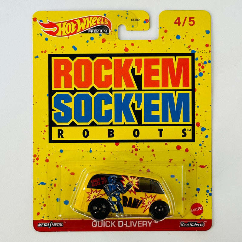 2022 Hot Wheels Premium Pop Culture Mattel Brands Rock 'Em Sock 'Em Robots Quick D-Livery amarillo Llantas de Goma RR base ZAMAC