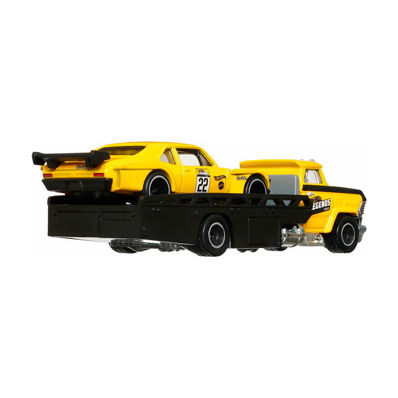 2022 Hot Wheels Premium Car Culture Team Transport Walmart Legends Tour Exclusive Custom 70 Chevy Nova y camión Horizon Hauler con Llantas de Goma RR