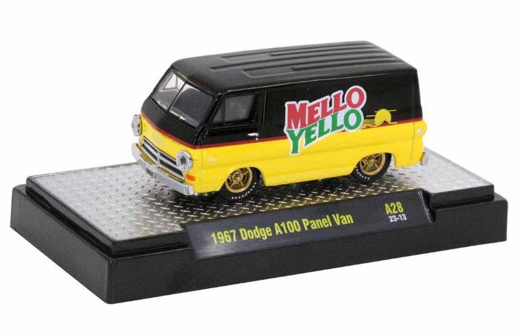 2023 M2 Machines Coca Cola Coke Mello Yello Limited Edition 1/4,650 1967 Dodge A100 Panel Van A28 amarillo con negro Llantas de Goma - Detalle Burbuja