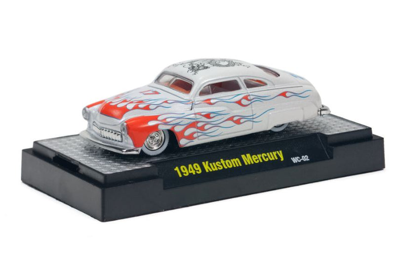 2012 M2 Machines Wild Cards Limited Edition 1949 Kustom Mercury blanco con flamas Llantas de Goma