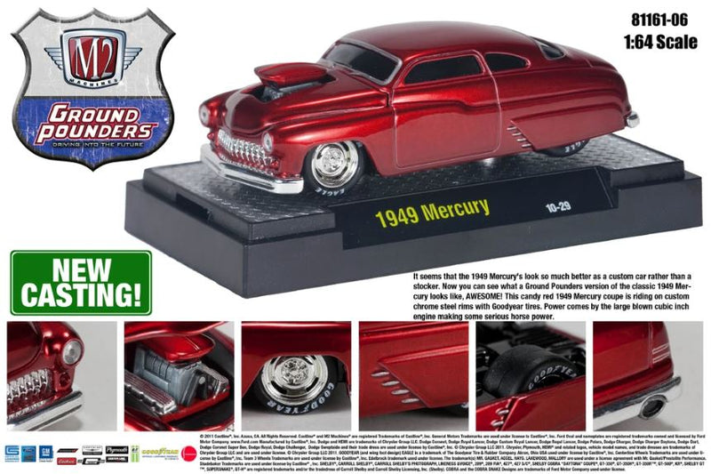 2010 M2 Machines Ground Pounders Premium Edition 1949 Mercury rojo Llantas de Goma Primera Edición - Detalle Cambio de Plataforma