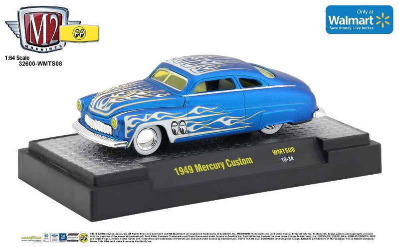 2018 M2 Machines Mooneyes Limited Edition 1/7,800 Walmart Exclusive 1949 Mercury Custom WMTS08 azul con flamas Llantas de Goma