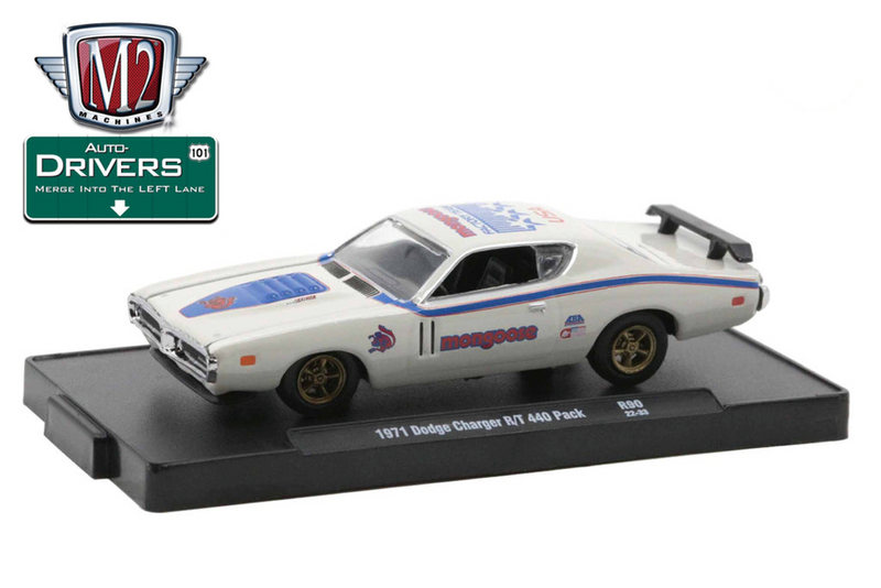 2022 M2 Machines Auto-Drivers Limited Edition 1/9,600 Mongoose 1971 Dodge Charger R/T 440 6 Pack R90 blanco Llantas de Goma