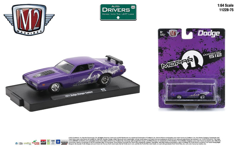 2021 M2 Machines Auto-Drivers Limited Edition 1/8,480 Mopar 1971 Dodge Charger Custom R75 morado Llantas de Goma