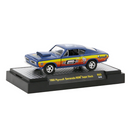 2023 M2 Machines Limited Edition 1/9,000 Mr Gasket Co 1968 Plymouth Barracuda HEMI Super Stock R83 azul con amarillo Llantas de Goma