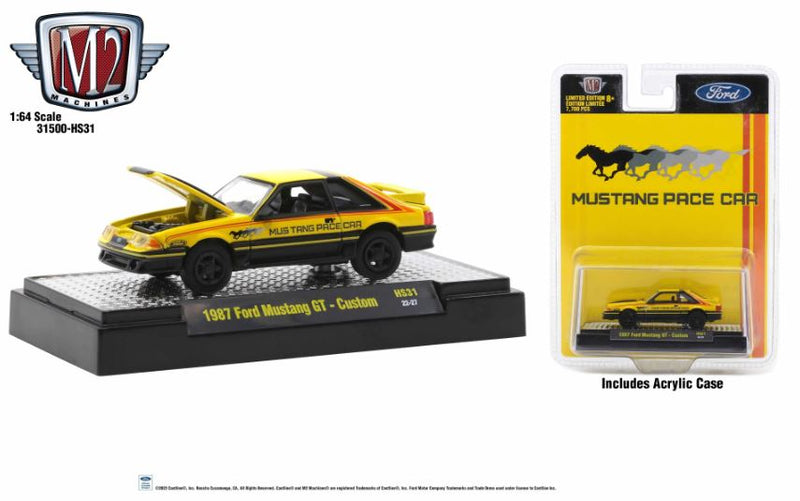 2022 M2 Machines Hobby Exclusive Limited Edition 1/7,700 Mustang Pace Car 1987 Ford Mustang GT Custom HS31 amarillo Llantas de Goma