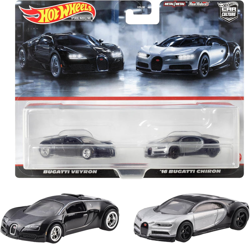 2023 Hot Wheels Premium Car Culture Bugatti 2 Pack Set de 2 - Bugatti Veyron y 16 Bugatti Chiron con Llantas de Goma RR