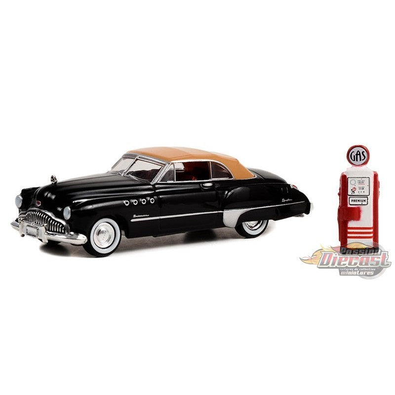 2022 Greenlight The Hobby Shop Series 14 1949 Buick Roadmaster Convertible with Vintage Gas Pump negro Llantas de Goma con Accesorio Diorama